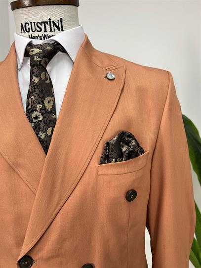 Kremit Renk Kruvaze 2Lİ Takım Elbise Sivri Yaka Slim Fit Kalıp | Agustini