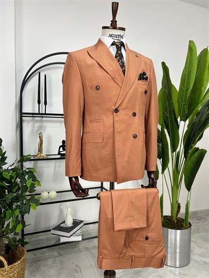 Kremit Renk Kruvaze 2Lİ Takım Elbise Sivri Yaka Slim Fit Kalıp | Agustini