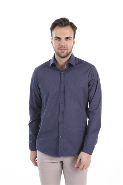 Lacivert Armürlü Slim Fit Gömlek | Agustini