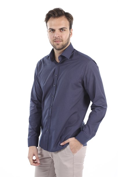 Lacivert Armürlü Slim Fit Gömlek | Agustini