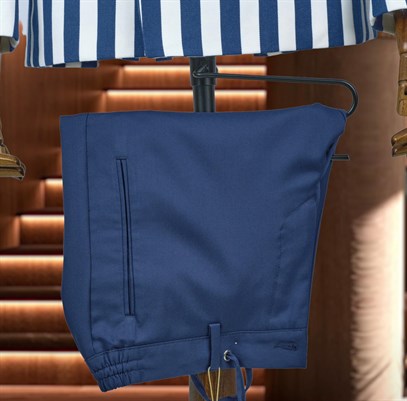 Lacivert Beyaz Çizgili İtalyan Stil Kruvaze İkili Kombin Takım Elbise Geniş Sivri Yaka Slim Fit | Agustini