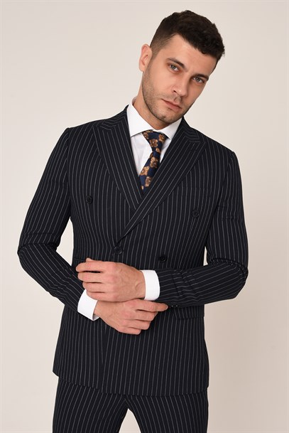 Lacivert Beyaz Çizgili,Kruvaze Takım Elbise Slim Fit İtalyan Stil | Agustini