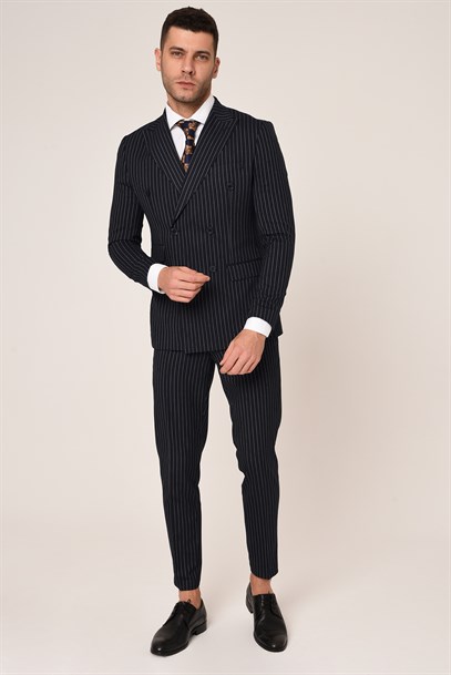 Lacivert Beyaz Çizgili,Kruvaze Takım Elbise Slim Fit İtalyan Stil | Agustini