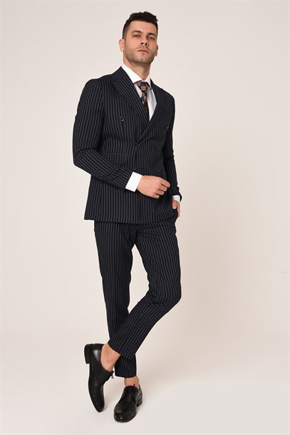 Lacivert Beyaz Çizgili,Kruvaze Takım Elbise Slim Fit İtalyan Stil | Agustini