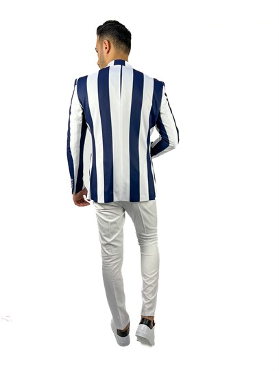 Lacivert Beyaz Şerit Desen Torba Cep Blazer Tek Ceket Slim Fit | Agustini