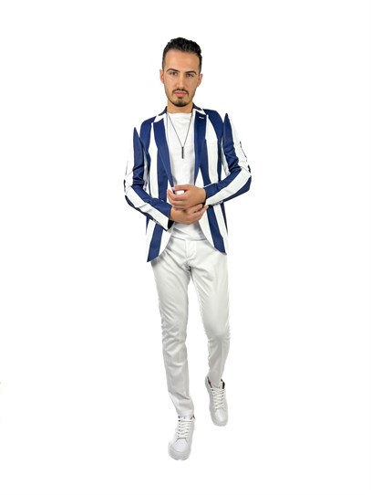 Lacivert Beyaz Şerit Desen Torba Cep Blazer Tek Ceket Slim Fit | Agustini