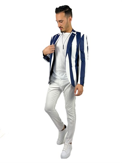 Lacivert Beyaz Şerit Desen Torba Cep Blazer Tek Ceket Slim Fit | Agustini