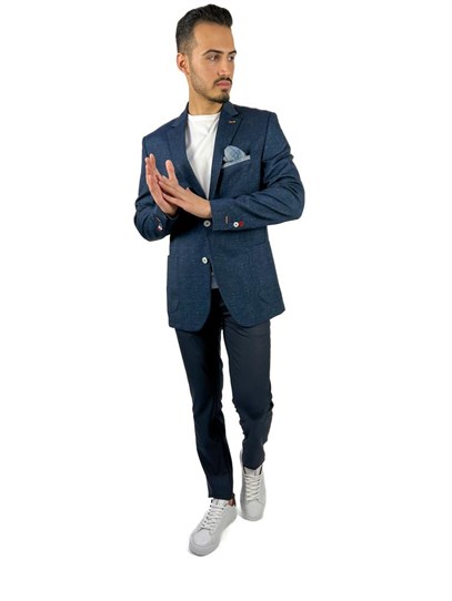 Lacivert Blazer Mono Yaka Slim Fit Astarsız Tek Ceket | Agustini