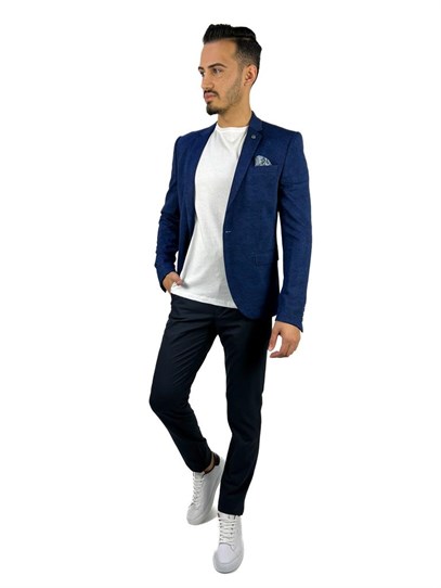 Lacivert Blazer Mono Yaka Slim Fit Yarım Astar Tek Ceket | Agustini