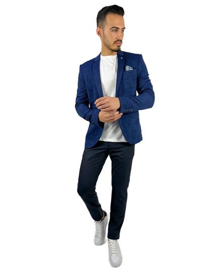 Lacivert Blazer Mono Yaka Slim Fit Yarım Astar Tek Ceket | Agustini
