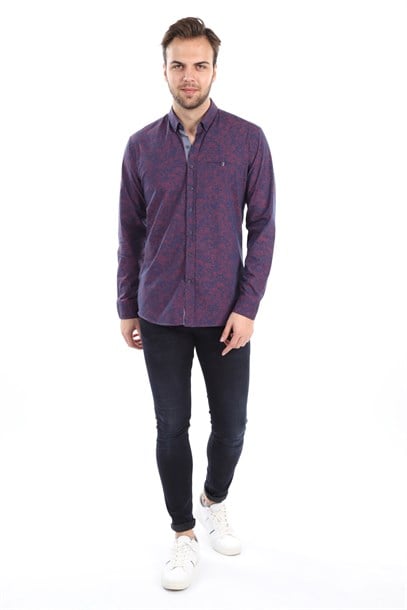 Lacivert Bordo Desenli Slim Fit Gömlek | Agustini