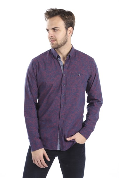 Lacivert Bordo Desenli Slim Fit Gömlek | Agustini