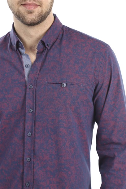 Lacivert Bordo Desenli Slim Fit Gömlek | Agustini