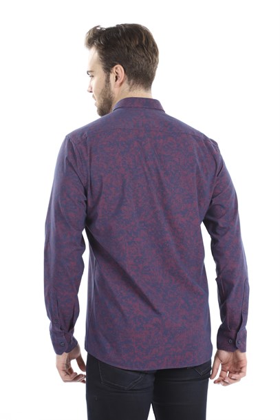 Lacivert Bordo Desenli Slim Fit Gömlek | Agustini