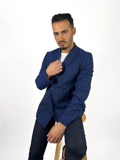 Lacivert Çizgili Kruvaze Tek Ceket Mono Yaka Slim Fit | Agustini