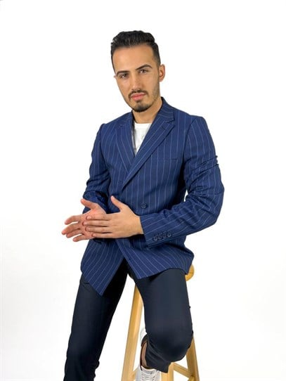 Lacivert Çizgili Kruvaze Tek Ceket Mono Yaka Slim Fit | Agustini