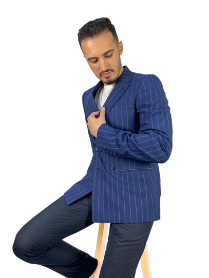 Lacivert Çizgili Kruvaze Tek Ceket Mono Yaka Slim Fit | Agustini