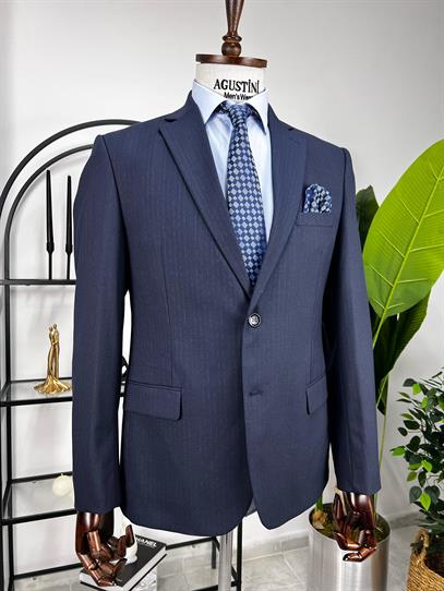 Klasik Kesim Geniş Kalıp Lacivert Çizgili Mono Yaka Çift Düğme Çift Yırtmaç Tek Ceket | Agustini