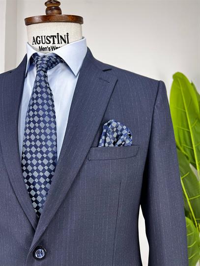 Klasik Kesim Geniş Kalıp Lacivert Çizgili Mono Yaka Çift Düğme Çift Yırtmaç Tek Ceket | Agustini