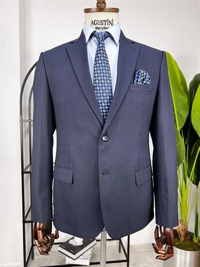 Klasik Kesim Geniş Kalıp Lacivert Çizgili Mono Yaka Çift Düğme Çift Yırtmaç Tek Ceket | Agustini