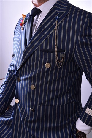 Lacivert Çizgili,Kruvaze Takım Elbise Slim Fit | Agustini