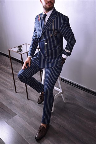 Lacivert Çizgili,Kruvaze Takım Elbise Slim Fit | Agustini