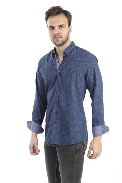 Lacivert Desenli Slim Fit Gömlek | Agustini