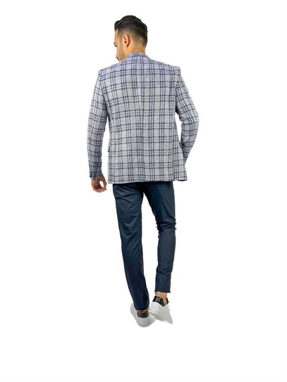 Lacivert Ekose Blazer Tek Ceket Sivri Yaka Regular Fit | Agustini