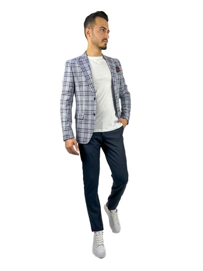 Lacivert Ekose Blazer Tek Ceket Sivri Yaka Regular Fit | Agustini