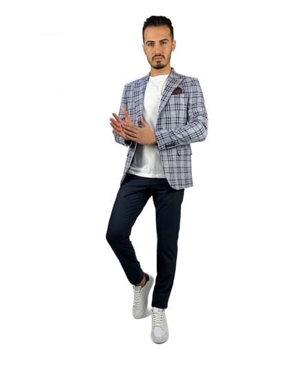 Lacivert Ekose Blazer Tek Ceket Sivri Yaka Regular Fit | Agustini