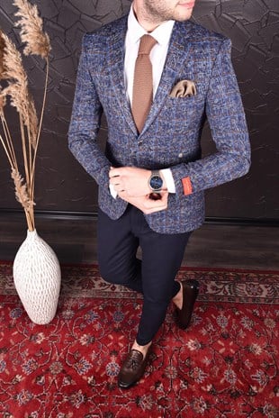 Lacivert Ekose Blazer Tek Ceket Yarım Astar Mono Yaka Slim Fit | Agustini