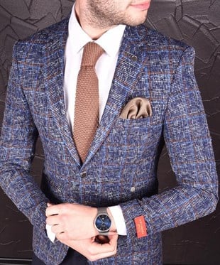 Lacivert Ekose Blazer Tek Ceket Yarım Astar Mono Yaka Slim Fit | Agustini