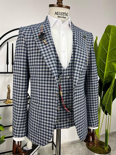 Lacivert Ekose Kombinli 3Lü Takım Elbise Sivri Yaka Torba Cep Slim Fit Kalıp | Agustini