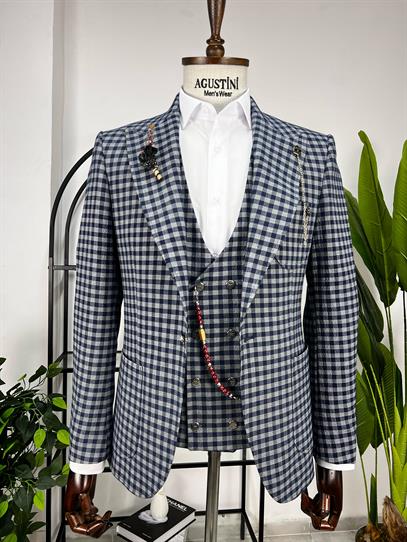 Lacivert Ekose Kombinli 3Lü Takım Elbise Sivri Yaka Torba Cep Slim Fit Kalıp | Agustini