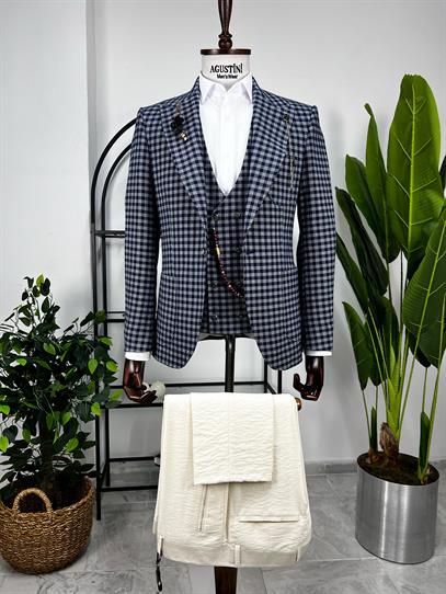 Lacivert Ekose Kombinli 3Lü Takım Elbise Sivri Yaka Torba Cep Slim Fit Kalıp | Agustini
