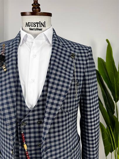 Lacivert Ekose Kombinli 3Lü Takım Elbise Sivri Yaka Torba Cep Slim Fit Kalıp | Agustini