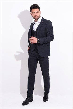 Lacivert Ekose Yelekli Takım Elbise,Slim Fit | Agustini