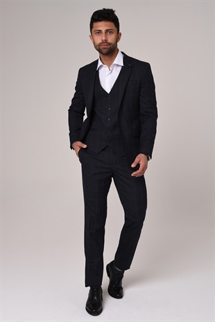 Lacivert Ekose Yelekli Takım Elbise,Slim Fit | Agustini