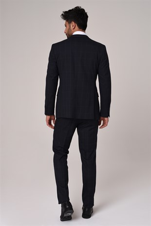 Lacivert Ekose Yelekli Takım Elbise,Slim Fit | Agustini