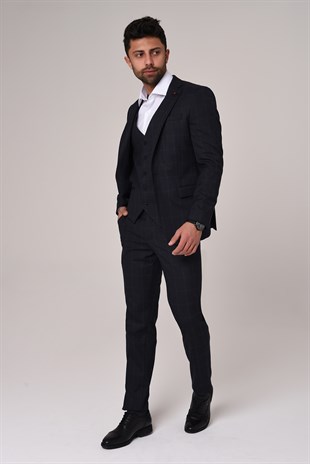 Lacivert Ekose Yelekli Takım Elbise,Slim Fit | Agustini