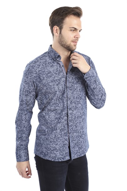 Lacivert Gri Desenli Slim Fit Gömlek | Agustini
