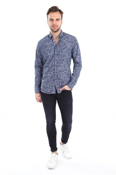 Lacivert Gri Desenli Slim Fit Gömlek | Agustini