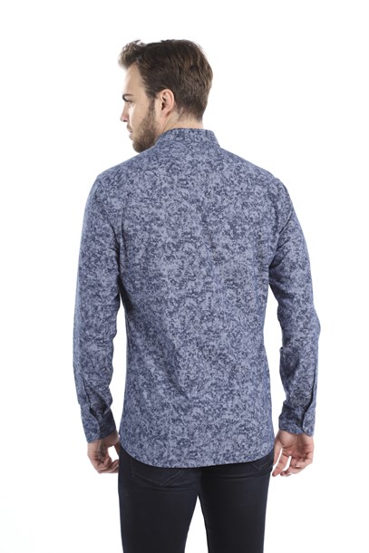 Lacivert Gri Desenli Slim Fit Gömlek | Agustini
