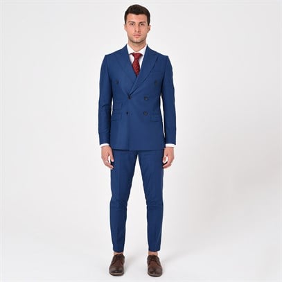 Lacivert Kruvaze Sivri Yaka Slim Fit Takım Elbise | Agustini