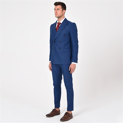 Lacivert Kruvaze Sivri Yaka Slim Fit Takım Elbise | Agustini