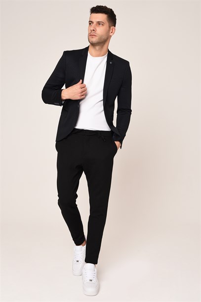 Lacivert, Puantiyeli Yarım Astar Blazer Tek Ceket Mono Yaka Slim Fit | Agustini