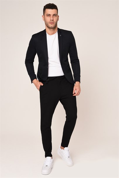 Lacivert, Puantiyeli Yarım Astar Blazer Tek Ceket Mono Yaka Slim Fit | Agustini