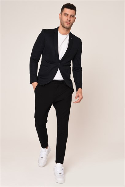 Lacivert, Puantiyeli Yarım Astar Blazer Tek Ceket Mono Yaka Slim Fit | Agustini