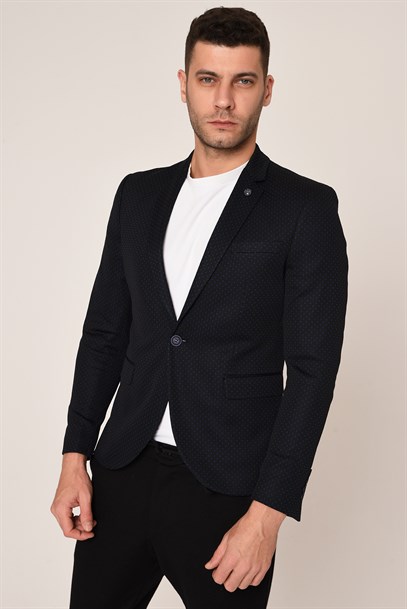 Lacivert, Puantiyeli Yarım Astar Blazer Tek Ceket Mono Yaka Slim Fit | Agustini