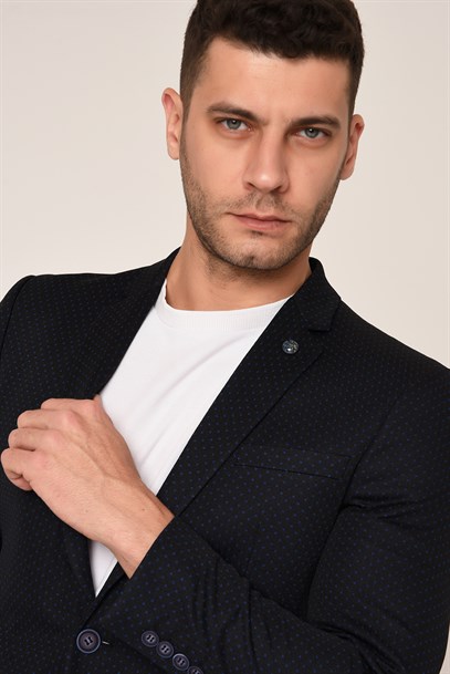 Lacivert, Puantiyeli Yarım Astar Blazer Tek Ceket Mono Yaka Slim Fit | Agustini